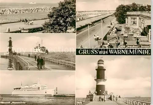 AK / Ansichtskarte 73869192 Warnemuende_Ostseebad Strand Mole Faehrschiff Warnemuende HOG Strandhaus Terrasse Leuchtturm Warnemuende_Ostseebad