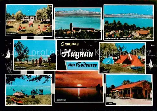 AK / Ansichtskarte 73869244 Hagnau_Bodensee Strandbad Schweizer Alpen Camping Strandpartie Abendstimmung Kiosk Hagnau Bodensee