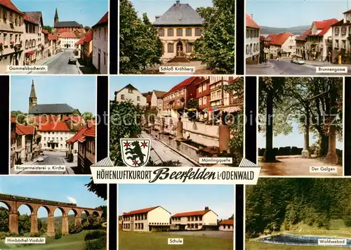 AK / Ansichtskarte 73869339 Beerfelden_Odenwald Gammeslbacherstr Schloss Kraehberg Brunnengasse Buergermeisterei Kirche Muemlingquelle Der Galgen Himbaechel Viadukt Schule Waldseebad Beerfelden Odenwald