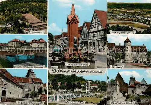 AK / Ansichtskarte  Hoechst_Odenwald Bergblick partie an der Muemling Burg Breuberg Rathausbrunnen Schwimmbad Galgenbergblick Klosterhof Burghof Hoechst_Odenwald