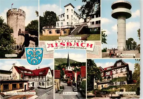 AK / Ansichtskarte 73869502 Alsbach_Bergstrasse Schlossturm Sanatorium Hirschpark Melibokusturm Gasthaus Zur Sonne Kirche DRK Altenwohnheim Alsbach_Bergstrasse