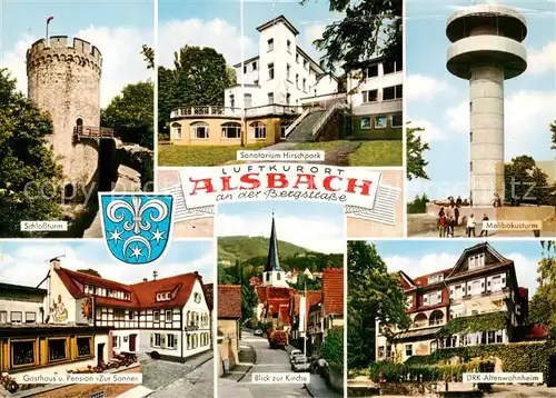 AK / Ansichtskarte 73869522 Alsbach_Bergstrasse Schlossturm Gasthaus Zur Sonne Sanatorium Hirschpark Melibokusturm Kirche DRK Altenwohnheim Alsbach_Bergstrasse