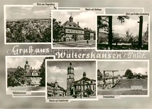 AK / Ansichtskarte  Waltershausen_Gotha Blick vom Ziegenberg Markt mit Rathaus Grosser Inselsberg Heimatmuseum Markt mit Stadtkirche Schwimmbad Waltershausen Gotha