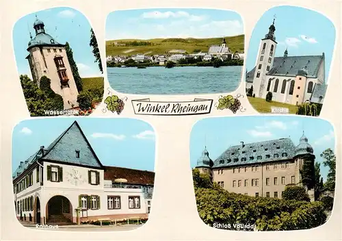 AK / Ansichtskarte  Winkel_Oestrich-Winkel Ansicht mit Blick ueber den Rhein Wasserturm Kirche Rathaus Schloss Voellrads Winkel_Oestrich-Winkel