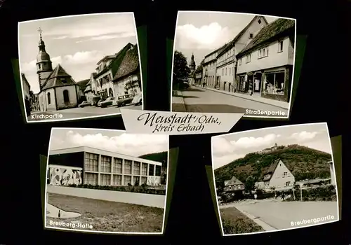 AK / Ansichtskarte  Neustadt_Odenwald Motiv mit Kirche Strassenpartie Breuberg-Halle Blick zum Breuberg Neustadt_Odenwald