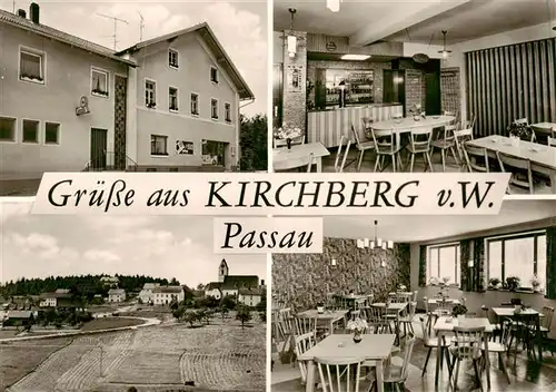 AK / Ansichtskarte 73869696 Kirchberg_Passau Gasthaus Tankstelle Gemischt-Waren Ortsansicht mit Kirche Kirchberg Passau