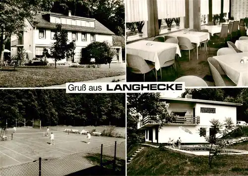 AK / Ansichtskarte 73869784 Langhecke_Villmar Gasthaus Pension Zum gruenen Wald Gastraum Swimming Pool Tennisplatz 