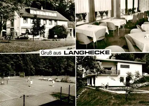 AK / Ansichtskarte  Langhecke_Villmar Gasthaus Pension Zum gruenen Wald Gastraum Swimming Pool Tennisplatz 