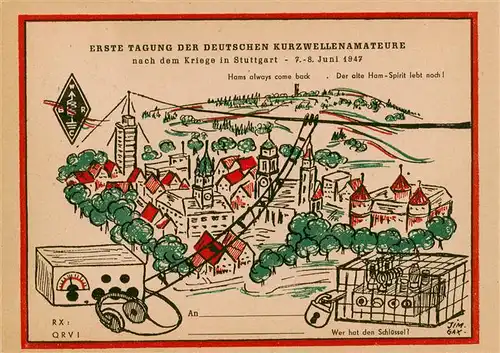 AK / Ansichtskarte 73869788 Stuttgart Erste Tagung der Deutschen Kurzwellenamateure nach dem Krieg Kuenstlerkarte Stuttgart