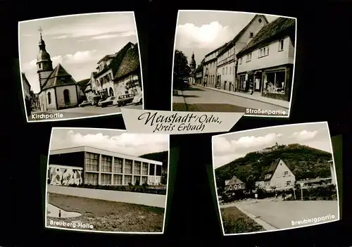 AK / Ansichtskarte 73870010 Neustadt_Odenwald Motiv mit Kirche Strassenpartie Breuberg-Halle Blick zum Breuberg Neustadt_Odenwald