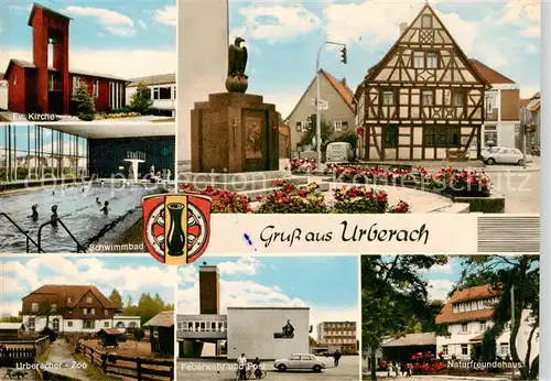 AK / Ansichtskarte  Urberach_Roedermark Ev Kirche Schwimmbad Urberacher Zoo Feuerwehr und Post Naturfreundehaus 