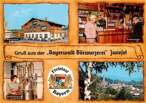 AK / Ansichtskarte 73870096 Zwiesel__Niederbayern Baerwurzerei Probierstube Destillierblase Ortsansicht 