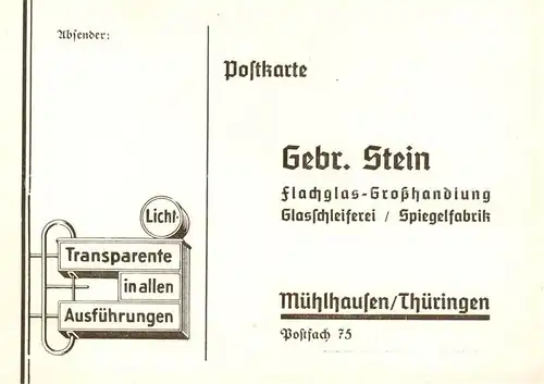 AK / Ansichtskarte  Muehlhausen__Thueringen Gebr Stein Flachglas Grosshandlung Bestellkarte 