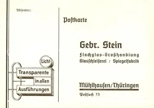 AK / Ansichtskarte 73870118 Muehlhausen__Thueringen Gebr Stein Flachglas Grosshandlung Bestellkarte 
