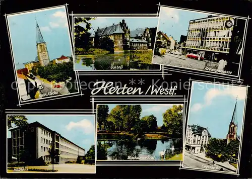 AK / Ansichtskarte  Herten_Westfalen Kath Kirche Schloss Kreissparkasse Rathaus Backumer Ev Kirche Teich Herten_Westfalen