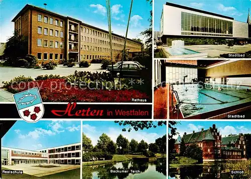 AK / Ansichtskarte  Herten_Westfalen Rathaus Stadtbad Hallenbad Realschule Backumer Teich Schloss Herten_Westfalen