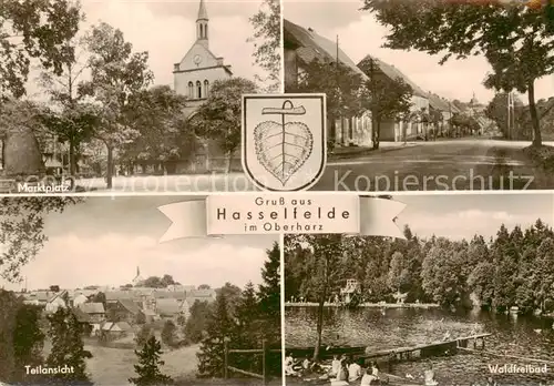 AK / Ansichtskarte  Hasselfelde Marktplatz Teilansicht Waldfreibad Strassenpartie Hasselfelde