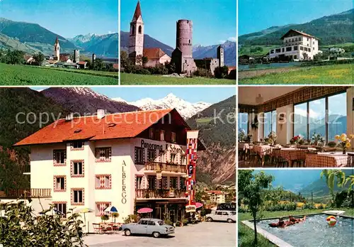 AK / Ansichtskarte  Mals_Malles_Suedtirol_IT Gasthof Panorama Gaststube Schwimmbad Kirche Burg 