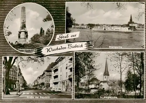 AK / Ansichtskarte  Biebrich_Wiesbaden Landesdenkmal Rheinpartie Fahrgastschiff Strasse der Republik Kirche Biebrich_Wiesbaden