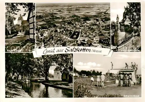 AK / Ansichtskarte 73870926 Salzkotten Kath Kirche Fliegeraufnahme An der Heder Schwimmbad Liboriuskapelle Salzkotten