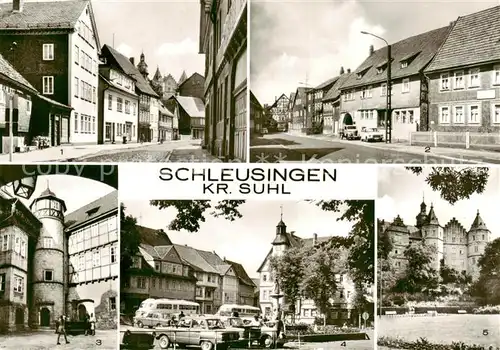 AK / Ansichtskarte  Schleusingen Bahnhofstrasse Schlosstrasse Schloss Bertholdsburg Marktplatz Schleusingen