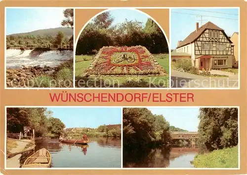 AK / Ansichtskarte 73871041 Wuenschendorf__Elster Elsterwehr Blumenuhr Club der Sporlter Gondelstation Gedeckte Holzbruecke 
