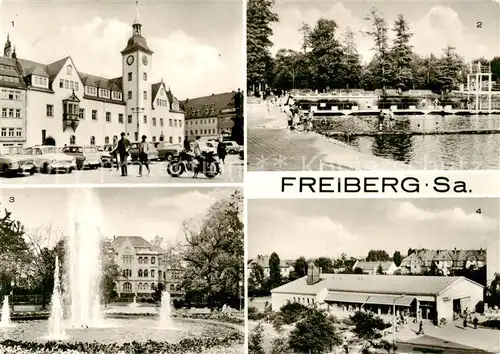 AK / Ansichtskarte  Freiberg__Sachsen Rathaus Johannisbad Scheringerpark Kaufhalle Wasserberg in der Albert Einstein Strasse 