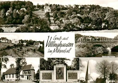 AK / Ansichtskarte  Voellinghausen_Moehnesee Panorama Siedlung Moehnebruecke Kath Kirche Ehrenmal Ev Kirche Voellinghausen Moehnesee