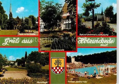 AK / Ansichtskarte 73871157 Holzwickede Park mit ev Kirche Emscherquelle Park mit Ehrenmal und kath Kirche Parkanlage Freibad Schoene Floete Holzwickede