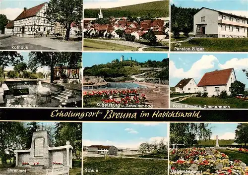 AK / Ansichtskarte 73871271 Breuna Rathaus Pension Pilger Kugelsburg Sauerbrunnen Schwimmbad Pension Rumpf Ehrenmal Schule Heldenfriedhof Breuna