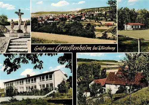 AK / Ansichtskarte  Greussenheim Panorama Kreuzigungs Skulptur Schule Panoram Greussenheim