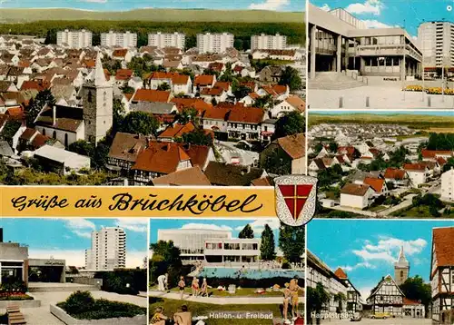 AK / Ansichtskarte 73871729 Bruchkoebel Stadtpanorama Rathaus Luftaufnahme Hauptstrasse Hallenbad Freibad  Buergerhaus Bruchkoebel