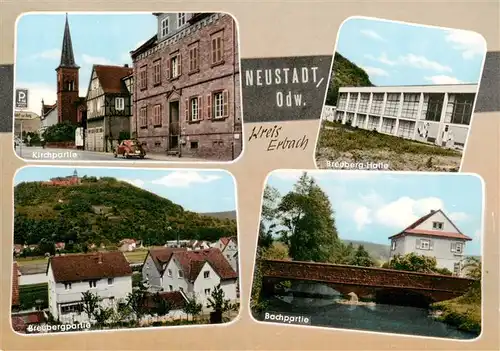 AK / Ansichtskarte  Neustadt_Odenwald Partie an der Kirche Breuberg-Halle Blick zum Breuberg Bachpartie Bruecke Neustadt_Odenwald