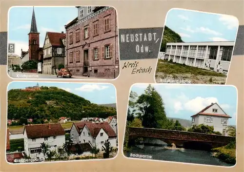 AK / Ansichtskarte  Neustadt_Odenwald Partie an der Kirche Breuberg-Halle Blick zum Breuberg Bachpartie Bruecke Neustadt_Odenwald