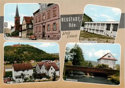 AK / Ansichtskarte  Neustadt_Odenwald Partie an der Kirche Breuberg-Halle Blick zum Breuberg Bachpartie Bruecke Neustadt_Odenwald