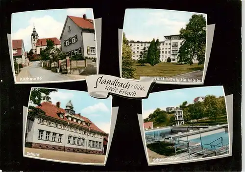 AK / Ansichtskarte 73871813 Sandbach__Odenwald Partie an der Kirche Ernst-Ludwig-Heilstaette Schwimmbad Schule 