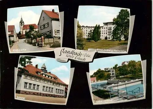 AK / Ansichtskarte 73871827 Sandbach__Odenwald Partie an der Kirche Ernst-Ludwig-Heilstaette Schule Schwimmbad 