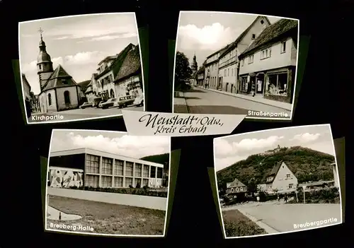 AK / Ansichtskarte 73871831 Neustadt_Odenwald Partie an der Kirche Strassenpartie Breuberg-Halle Blick zum Breuberg Neustadt_Odenwald