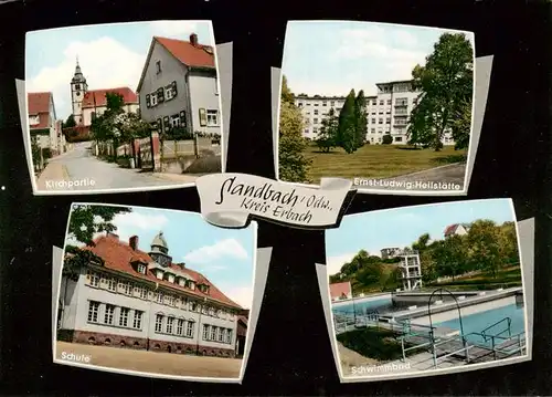 AK / Ansichtskarte 73871840 Sandbach__Odenwald Partie an der Kirche Ernst-Ludwig-Heilstaette Schule Schwimmbad 