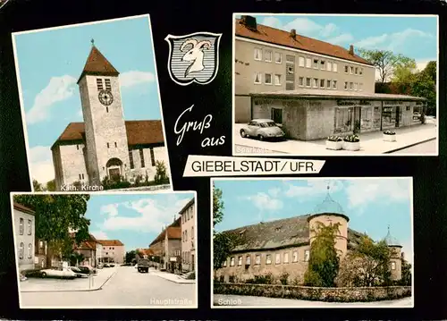 AK / Ansichtskarte 73872127 Giebelstadt Katholische Kirche Ladengeschaefte Hauptstrasse Schloss Giebelstadt
