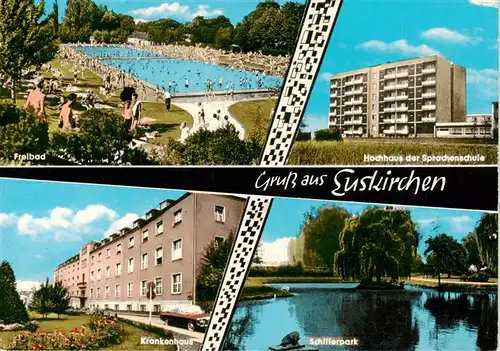 AK / Ansichtskarte 73872167 Euskirchen Freibad Hochhaus Sprachenschule Krankenhaus Schillerpark Teich Euskirchen