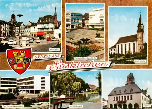 AK / Ansichtskarte  Euskirchen Marktplatz Vorplatz Herz-Jesu-Kirche Evangelische Kirche Emil-Fischer-Gymnasium Schillerpark Rathaus Euskirchen