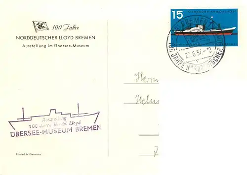 AK / Ansichtskarte 73872248 Bremen 100 Jahre Norddeutscher Lloyd Bremen Portrait H. H. Meier Gruender der Norddeutschen Lloyd Ausstellung im uebersee-Museum Bremen