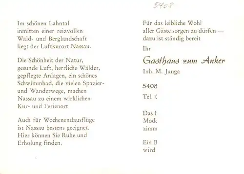 AK / Ansichtskarte 73872443 Nassau_Lahn Gasthaus zum Anker Restaurant Uferpartie an der Lahn Nassau_Lahn