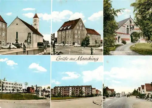 AK / Ansichtskarte 73872452 Manching Ortsansichten Kirche Wohnsiedlung Hochhaeuser Manching