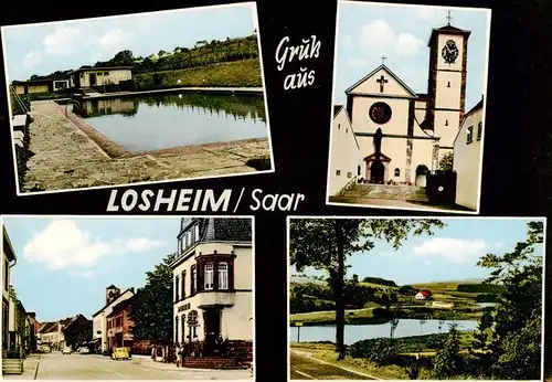 AK / Ansichtskarte 73872534 Losheim_Saar_See Teilansichten Freibad Kirche Panorama 