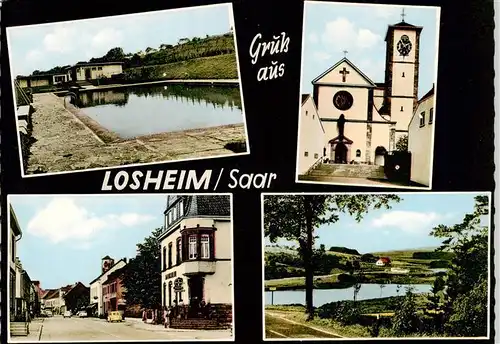 AK / Ansichtskarte 73872535 Losheim_Saar_See Teilansichten Freibad Kirche Panorama 