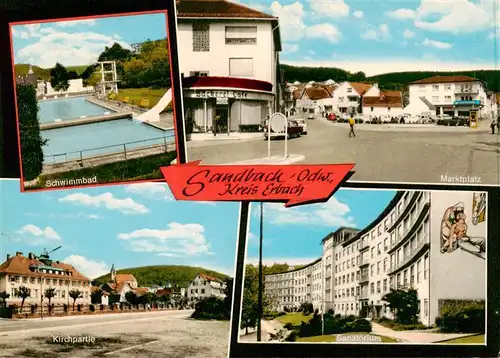 AK / Ansichtskarte  Sandbach__Odenwald Schwimmbad Marktplatz Ortsmotiv mit Kirche Sanatorium 