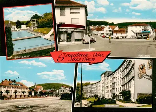AK / Ansichtskarte 73872678 Sandbach__Odenwald Schwimmbad Marktplatz Ortsmotiv mit Kirche Sanatorium 