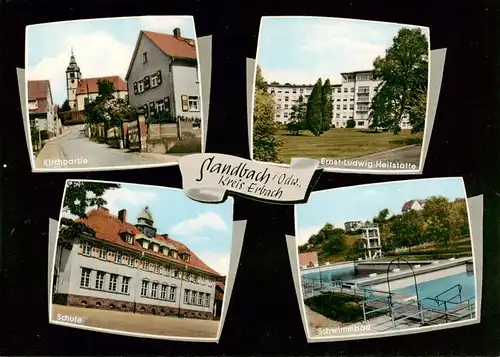 AK / Ansichtskarte 73872693 Sandbach__Odenwald Motiv mit Kirche Ernst-Ludwig-Heilstaette Schule Schwimmbad 